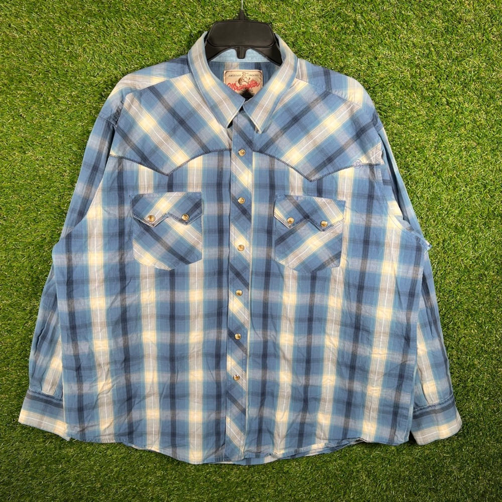 Wrangler American Cowboys Mens XL Blue Plaid Western Pearl Snap Shirt 4442